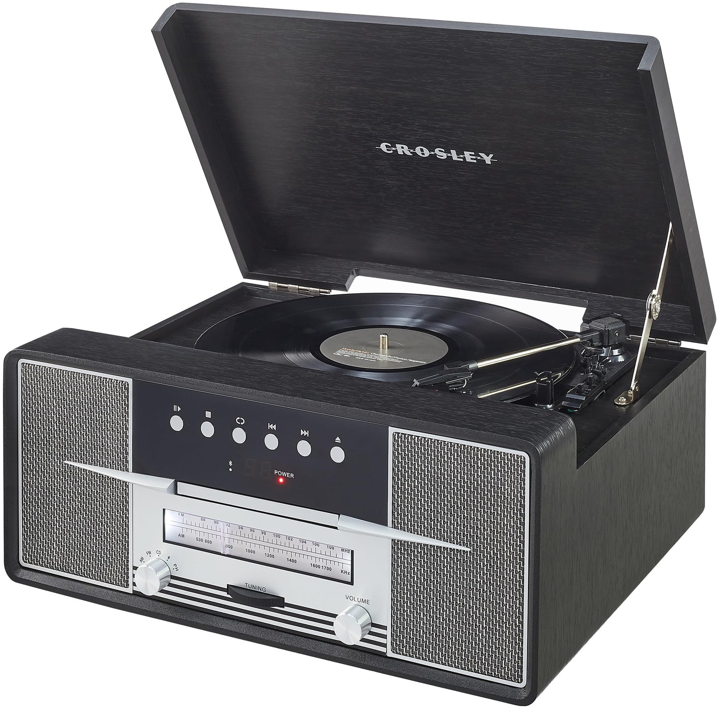 Crosley CR7016A-BK Rhapsody 7-in-1 Bluetooth 3-Speed Vinyl Record Player Turntable, CD Player, AM/FM Radio, Black