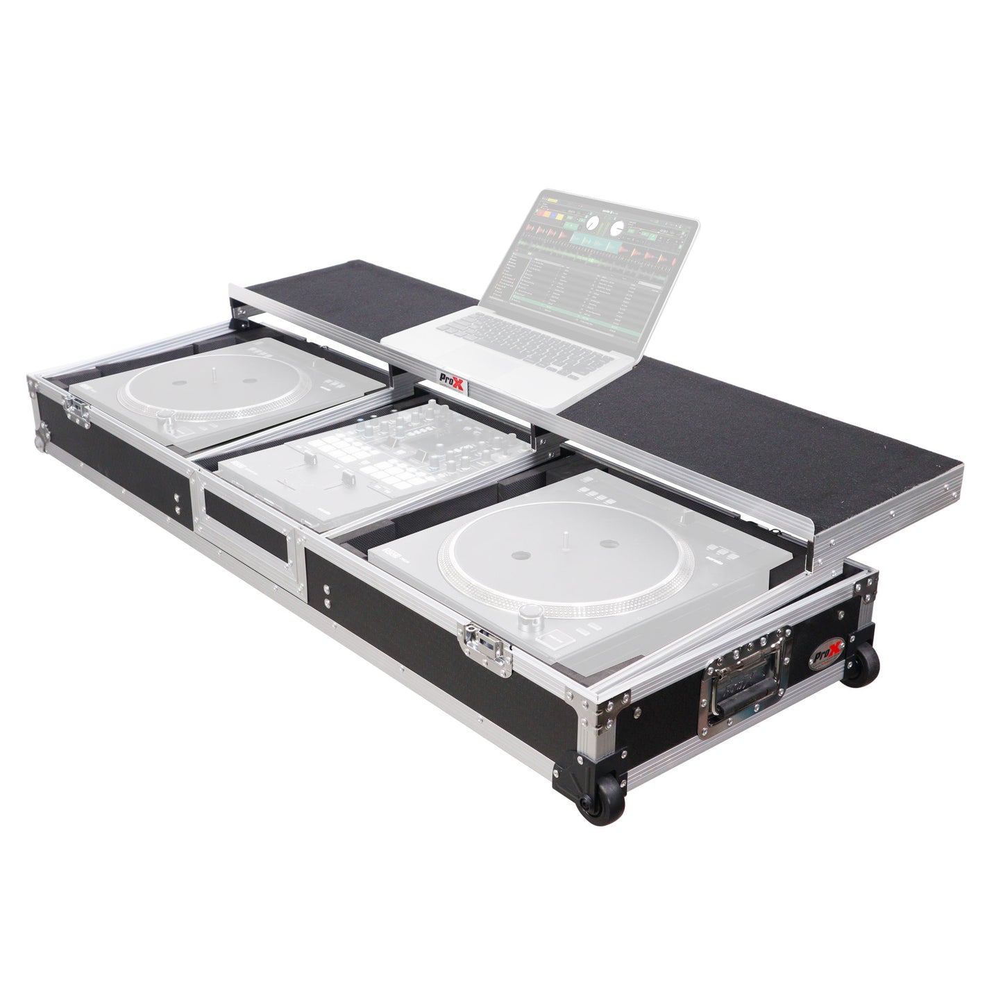 ProX DJ Coffin Flight Case for (2) 1200 Style Turntables 10-inch 12-inch Mixers with Sliding Laptop Shelf and Wheels