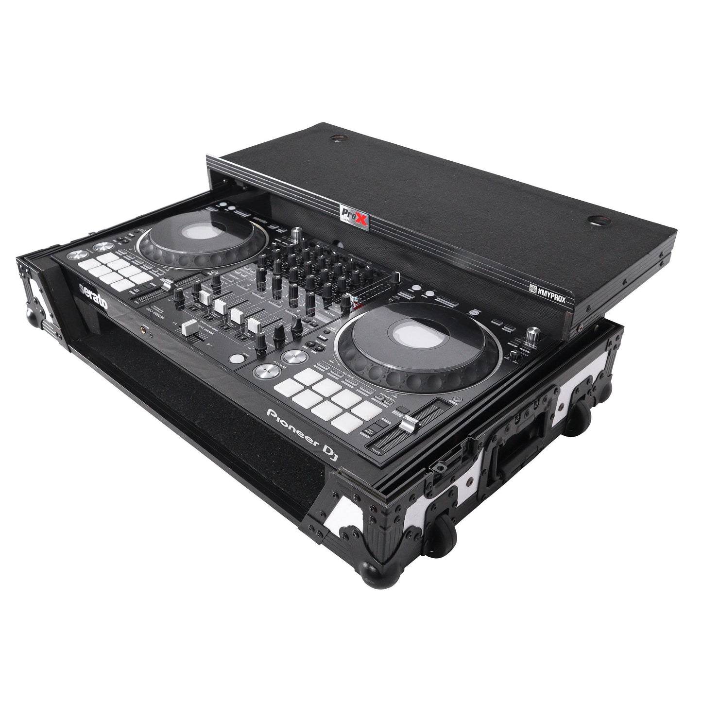 ProX ATA Flight Case for Pioneer DDJ-1000 FLX6 SX3 DJ Controller with Laptop Shelf 1U Rack Space and Wheels - White Black