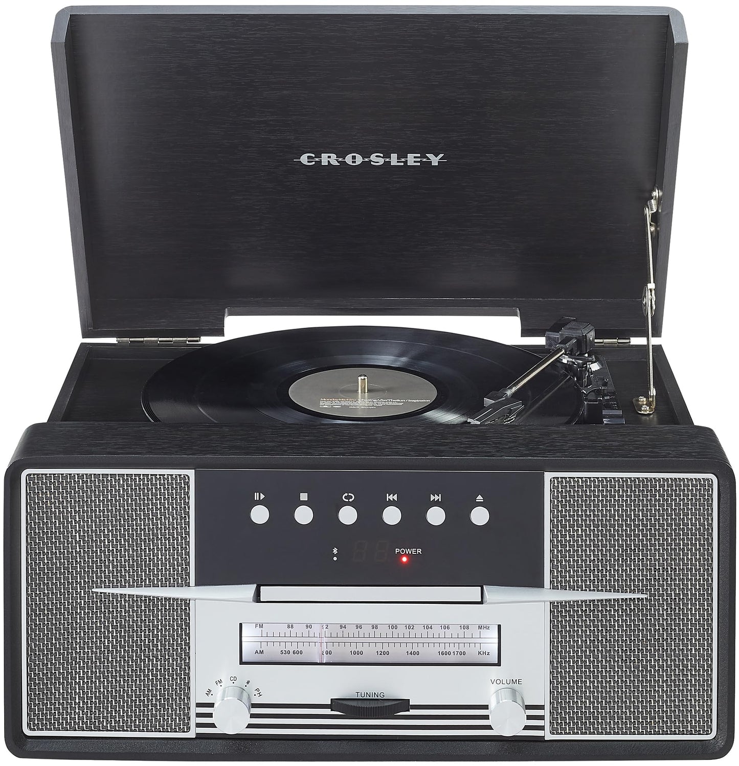 Crosley CR7016A-BK Rhapsody 7-in-1 Bluetooth 3-Speed Vinyl Record Player Turntable, CD Player, AM/FM Radio, Black