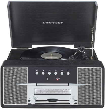 Crosley CR7016A-BK Rhapsody 7-in-1 Bluetooth 3-Speed Vinyl Record Player Turntable, CD Player, AM/FM Radio, Black