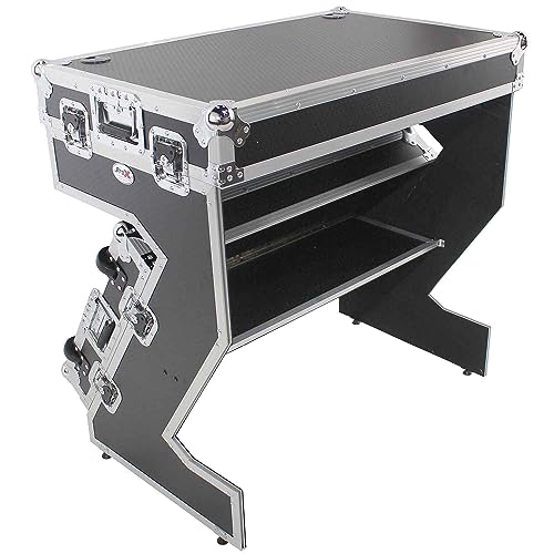 ProX DJ Z-Table Junior Compact Workstation Flight Case with Table and Wheels (Silver on Black)