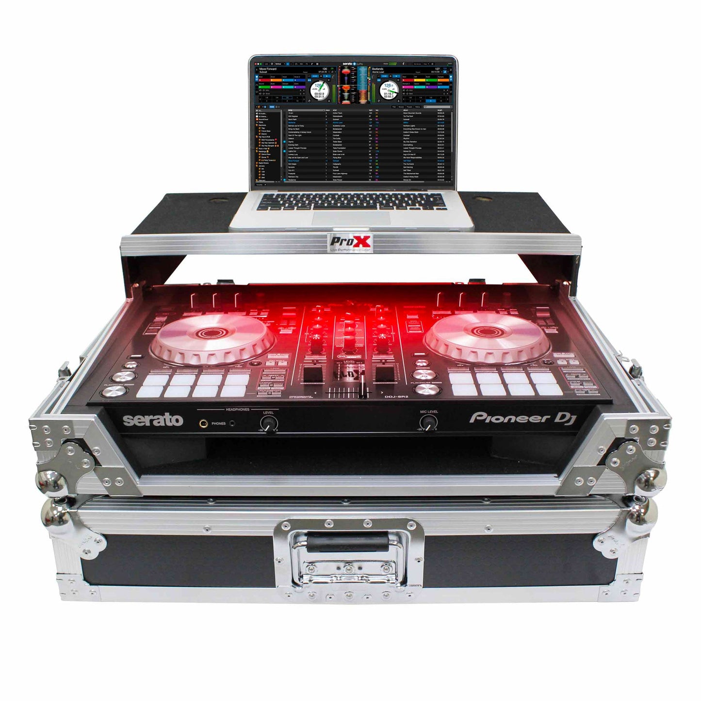 ProX Flight Case for Pioneer DDJ-SR2 Controller with Laptop Shelf and LED Kit (Silver-on-Black)