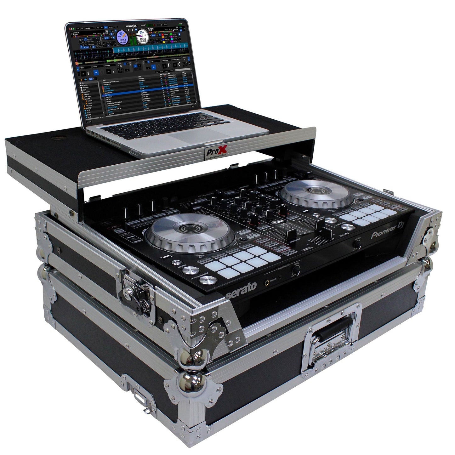 ProX Flight Case for Pioneer DDJ-SR2 Controller with Laptop Shelf and LED Kit (Silver-on-Black)