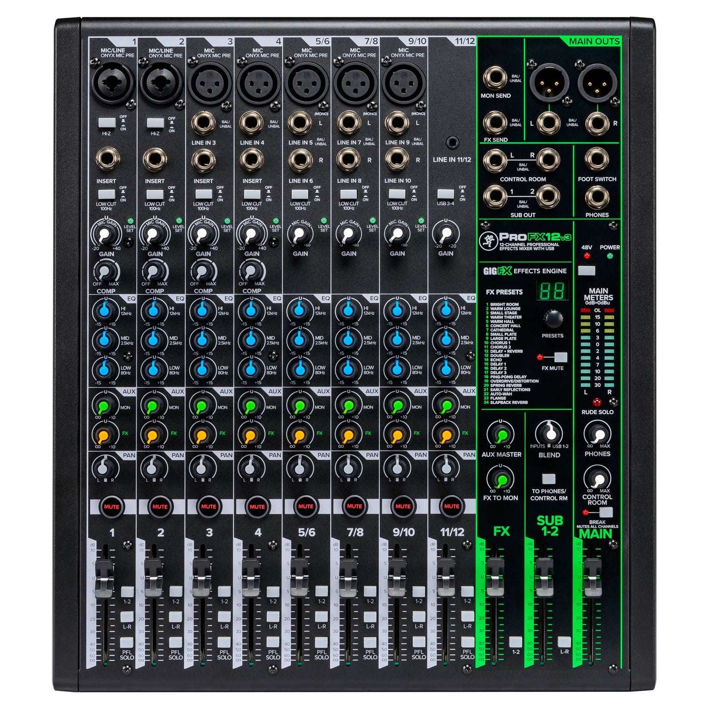 Mackie ProFXv3 Series, 12-Channel Professional Effects Mixer with USB, Onyx Mic Preamps and GigFX effects engine - Unpowered (ProFX12v3)