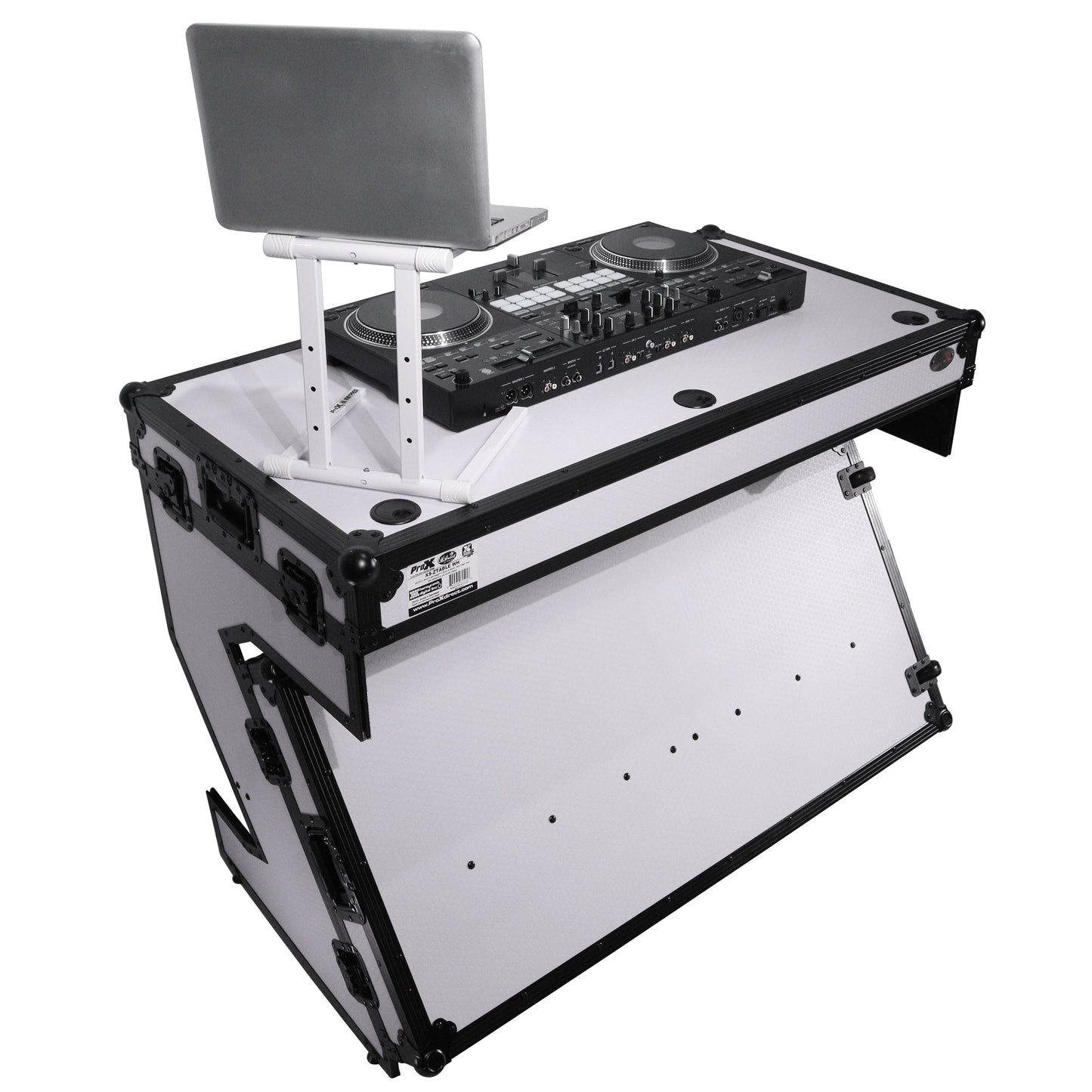 ProX Folding DJ Table Mobile Workstation Flight Case Style with Handles and Wheels - Black White Finish (Open Box)