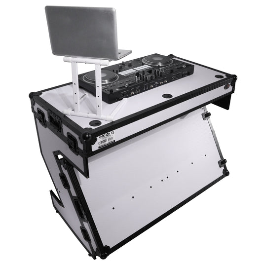 ProX Folding DJ Table Mobile Workstation Flight Case Style with Handles and Wheels - Black White Finish (Open Box)