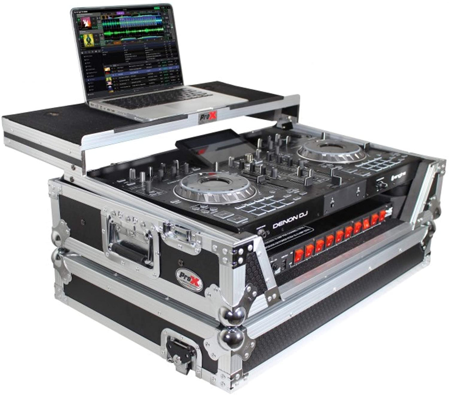 ProX XS-PRIME2 LT Flight Case for Denon Prime 2 Standalone DJ System with Sliding Laptop Shelf - Silver on Black Design