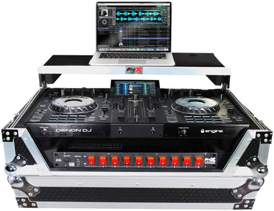 ProX XS-PRIME2 LT Flight Case for Denon Prime 2 Standalone DJ System with Sliding Laptop Shelf - Silver on Black Design