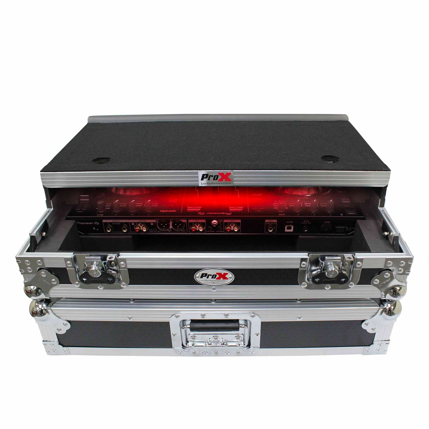 ProX Flight Case for Pioneer DDJ-SR2 Controller with Laptop Shelf and LED Kit (Silver-on-Black)
