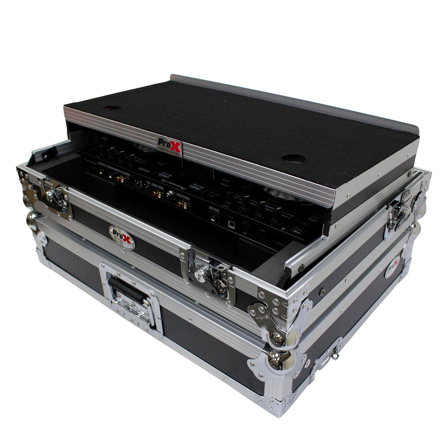 ProX Flight Case for Pioneer DDJ-SR2 Controller with Laptop Shelf and LED Kit (Silver-on-Black)