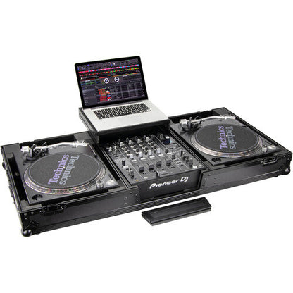 Odyssey Black Low-Profile DJ Coffin with Wheels and Glide Platform for 12" Mixer and Two Turntables