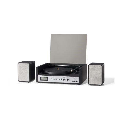 Crosley CR7017B-BS Coda 3-Speed Bluetooth Turntable and FM Radio Shelf System with Matching Stereo Speakers, Black & Silver (Open Box)