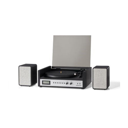 Crosley CR7017B-BS Coda 3-Speed Bluetooth Turntable and FM Radio Shelf System with Matching Stereo Speakers, Black & Silver (Open Box)
